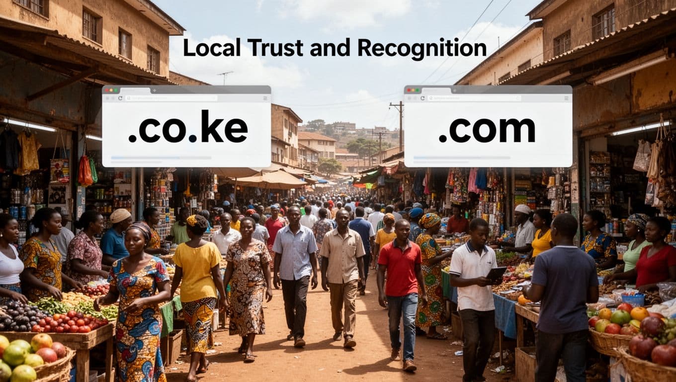 A bustling Nairobi street market on a sunny day shows shop signs with digital overlays of .co.ke and .com websites, capturing busy local shoppers and vibrant market energy. This highlights Kenyan businesses thriving through domain choices.