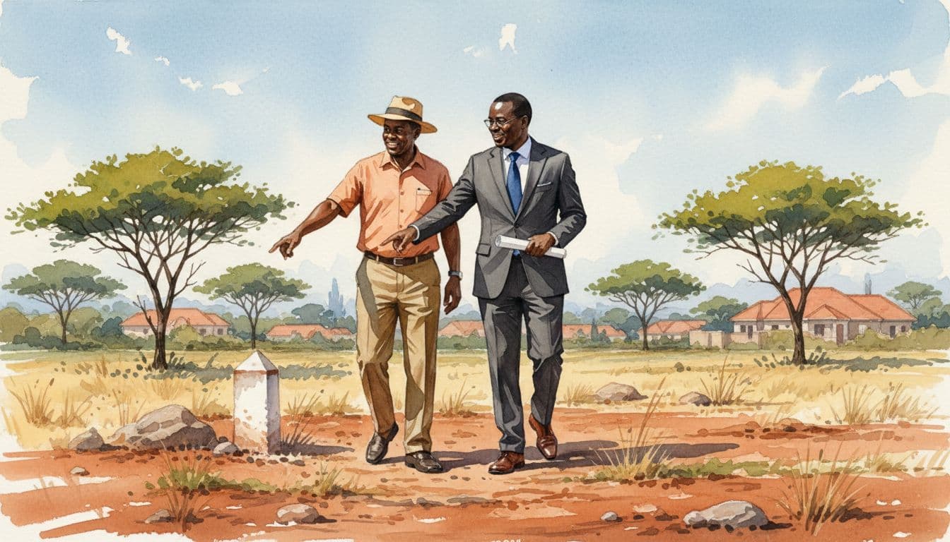 A Kenyan buyer in casual clothes and a professional advocate in suit walk around a suburban residential plot on Nairobi outskirts, pointing at boundary markers under a sunny sky with acacia trees in the background, rendered in watercolor style with soft blending and warm earth tones.
