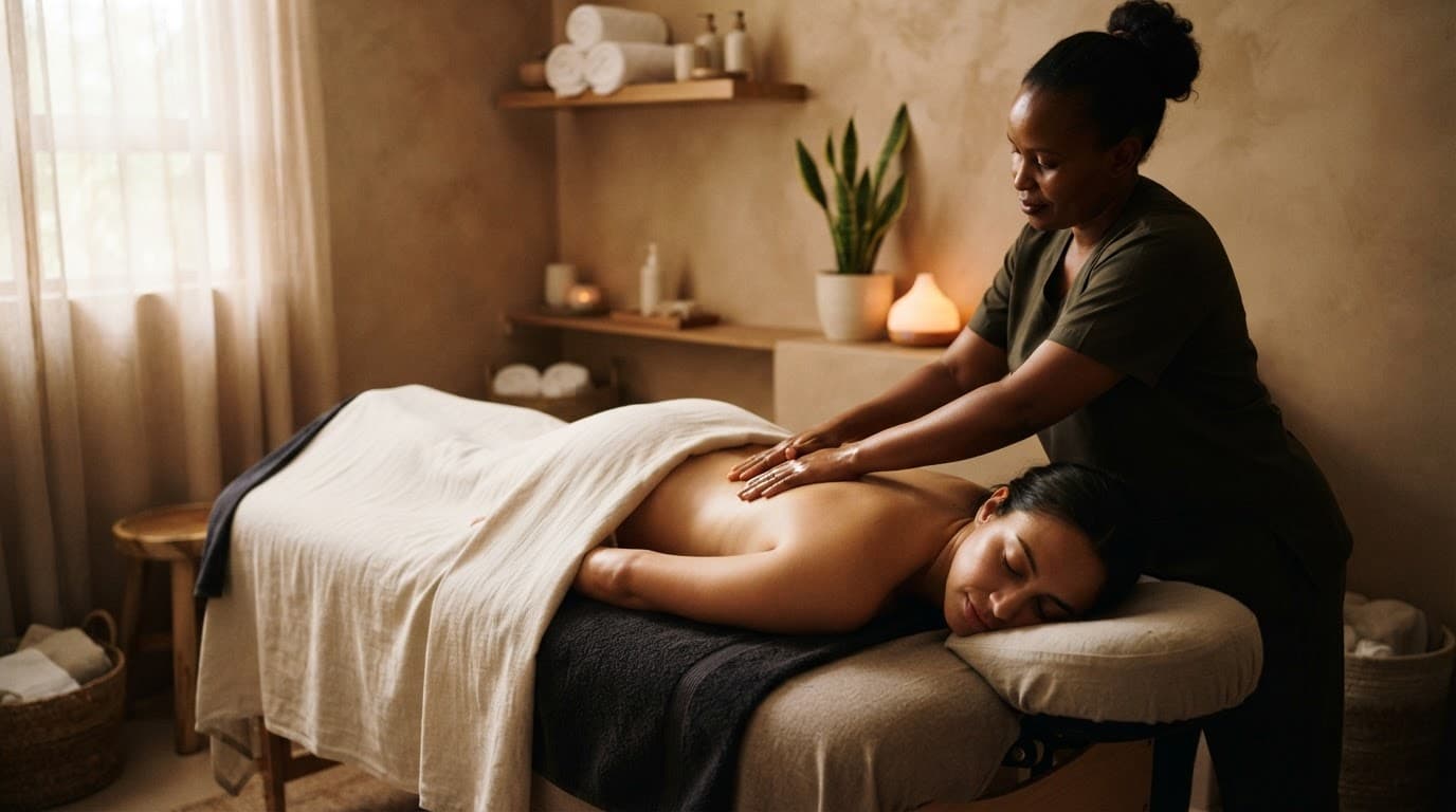 An adult receives a gentle back massage in a warmly lit spa room.