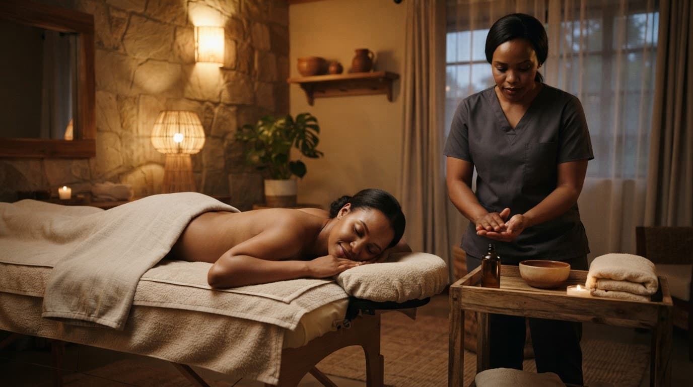 A client lies on a massage table as a therapist prepares treatment in a warm spa room.