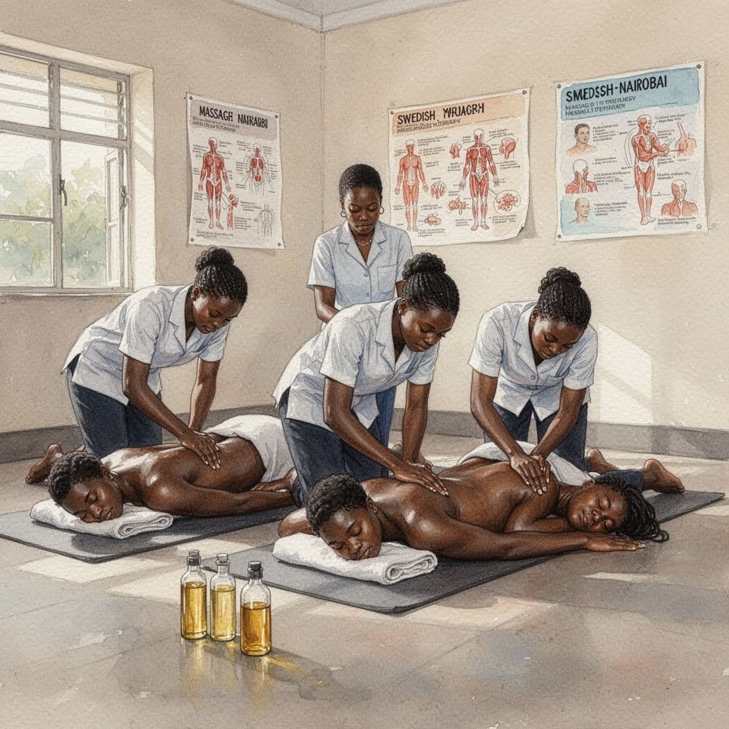 Three massage therapy students practice Swedish massage techniques on each other in a bright Nairobi classroom, with an instructor observing, featuring simple mats, oils, and educational posters in a soft watercolor style.