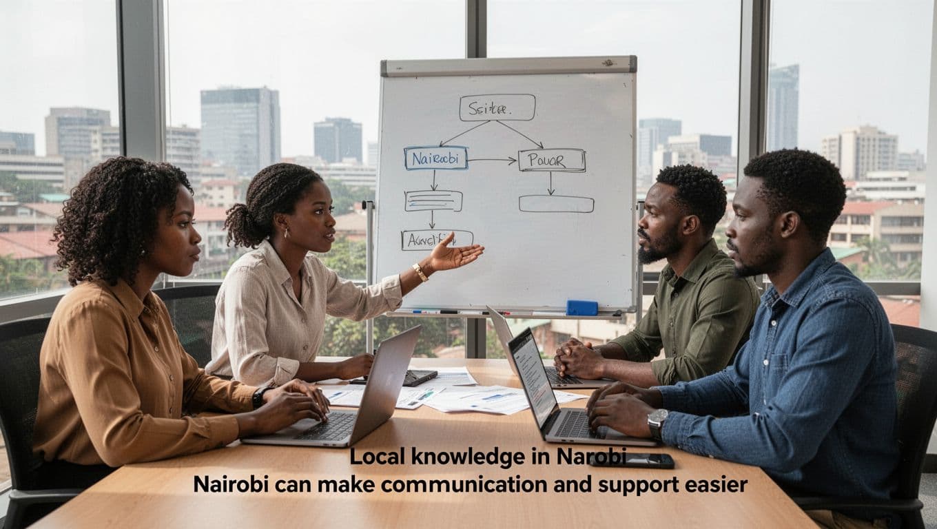 A small diverse team of three professionals—one woman and two men—meets in a bright Nairobi office, discussing a web project around a whiteboard with a simple site map, laptops open, and a city view from the window.