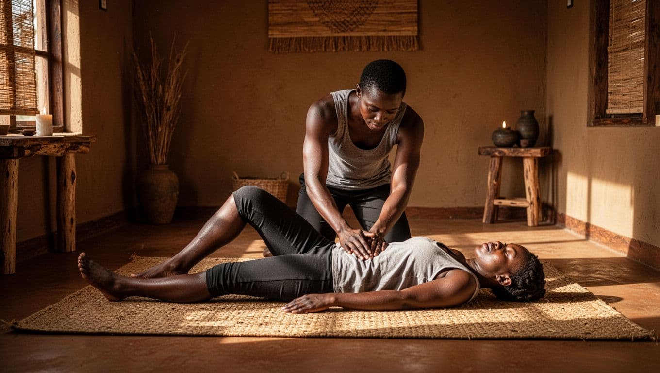 Therapist gently stretches a clothed client on a woven mat in a warm Nairobi spa room.