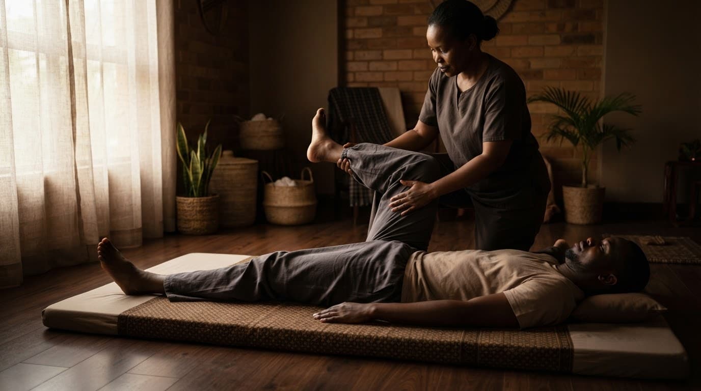 Therapist guides a fully clothed client through a gentle leg stretch on a floor mat.