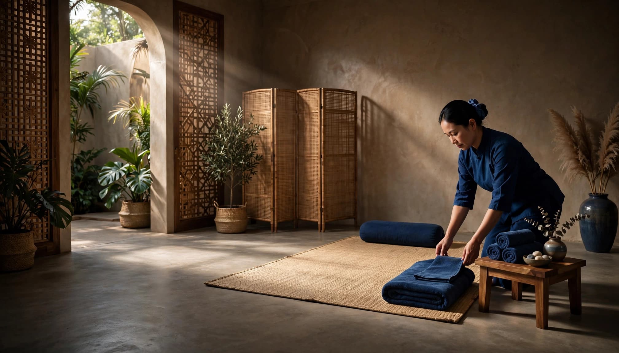 Thai Massage 7 A therapist prepares a towel and mat in a stylish Nairobi massage studio.