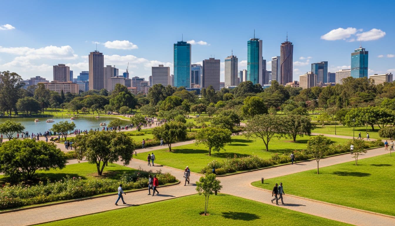 Busy street scene at Uhuru Park in Nairobi with people walking on green lawns, city skyline in the background, under a blue daytime sky in realistic vibrant photography.