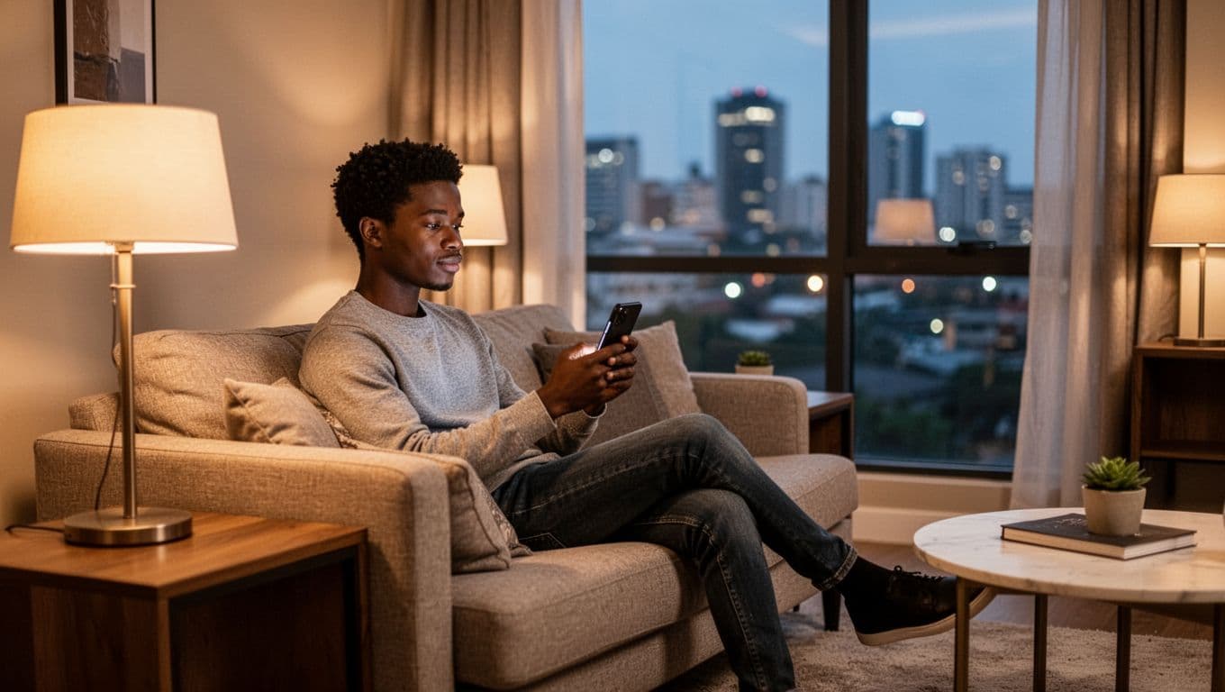 Modern upscale apartment interior in Nairobi at evening, cozy living room with young adult relaxed on couch holding smartphone screen away, soft warm lighting and blurred city skyline emphasizing safety and privacy.