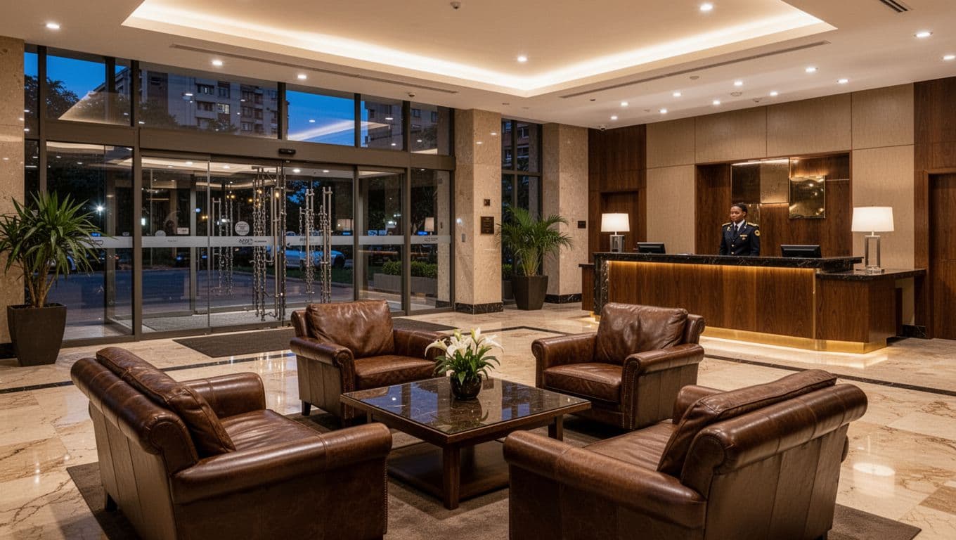 Adult Entertainment in Nairobi for Foreign Visitors at Night Modern upscale Nairobi hotel lobby in the evening with comfortable leather seating area, coffee table, front desk with uniformed staff, secure glass entrance doors, warm ambient lighting, polished marble floors, empty of guests.