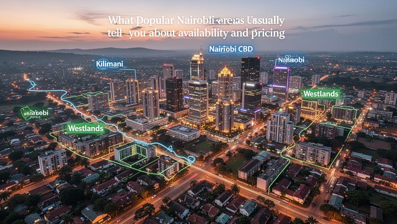 Illustrative aerial view of Nairobi cityscape at dusk, highlighting upscale areas Kilimani, Westlands, and Nairobi CBD with glowing lights from hotels and apartments. Vibrant colors, clean composition, high detail, no labels, text, or people.