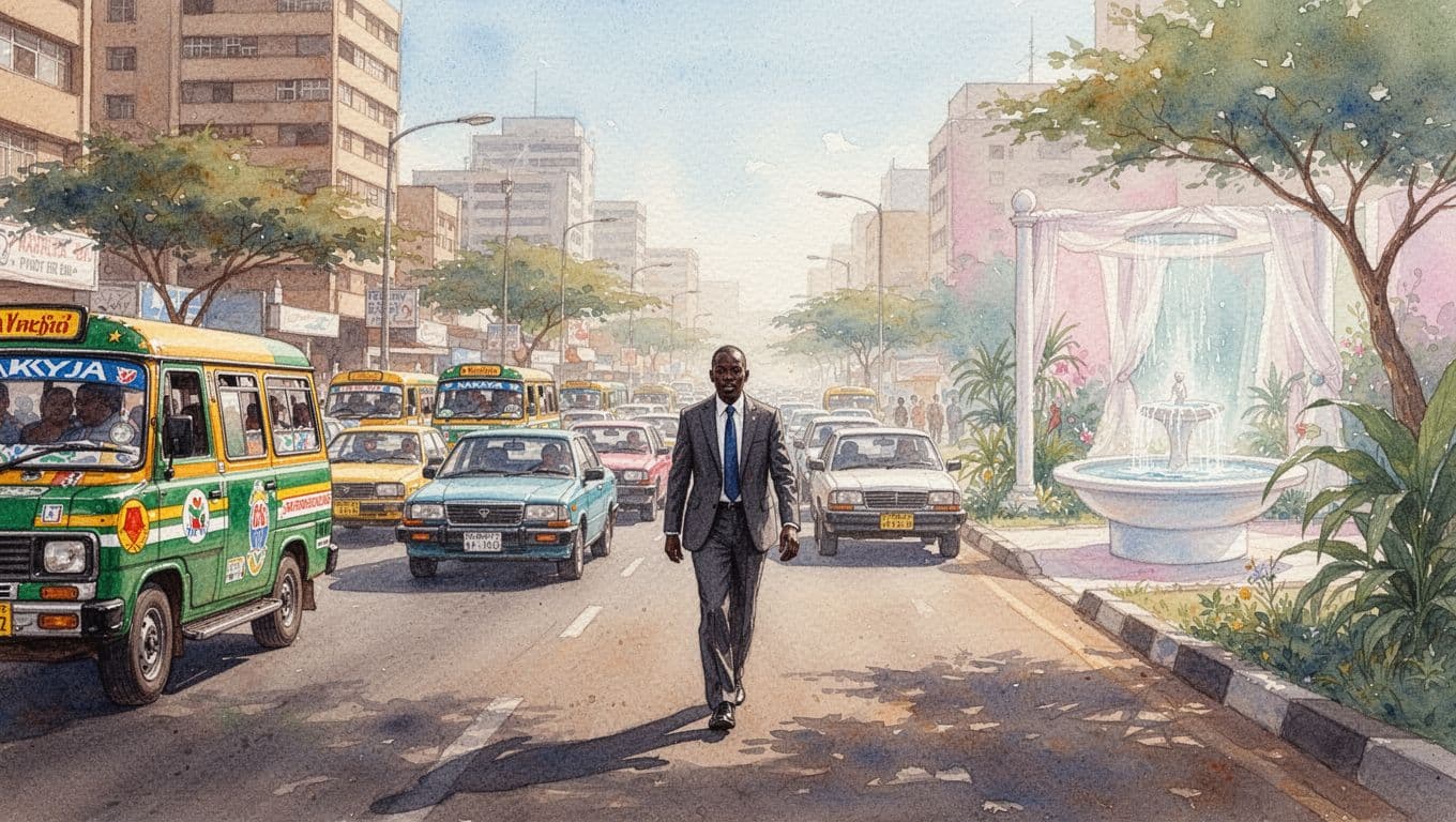 Watercolor scene of busy Nairobi street with matatus, cars, and stressed pedestrians in business attire amid sunny urban hustle, fading into soft spa-like serenity in the background.