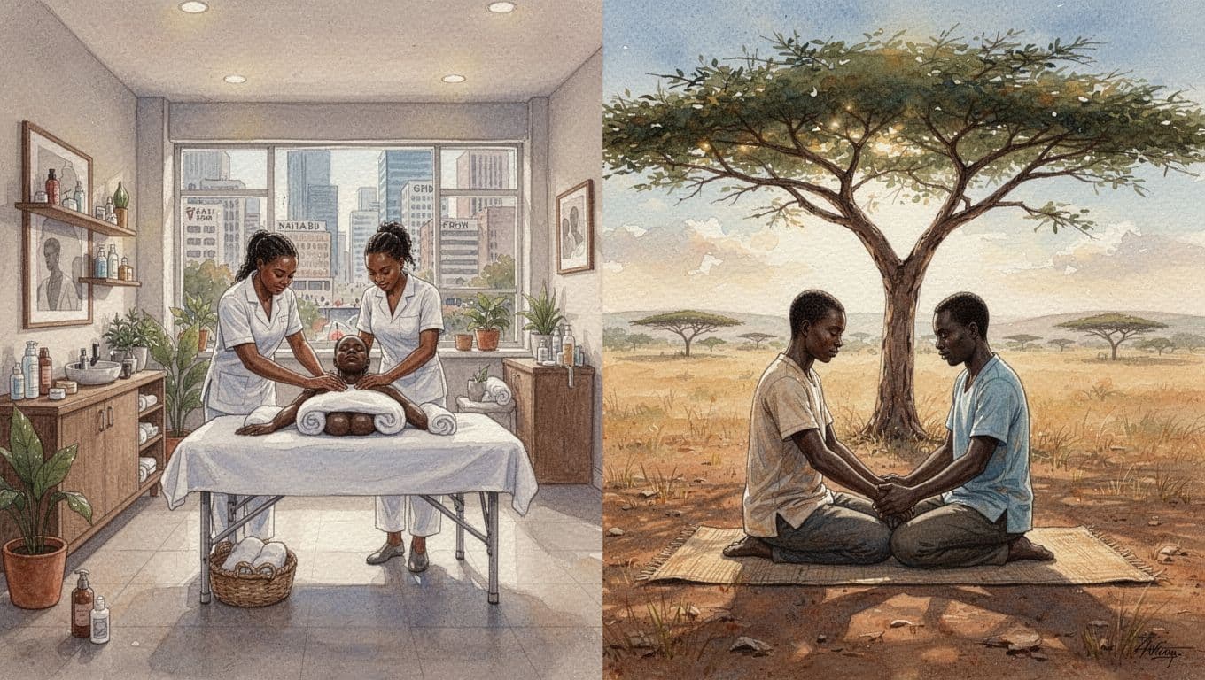Split watercolor scene contrasting a bustling Nairobi CBD spa with a busy therapist and client against a serene rural Kenyan countryside massage under a tree, using warm earthy tones and visible brush textures.