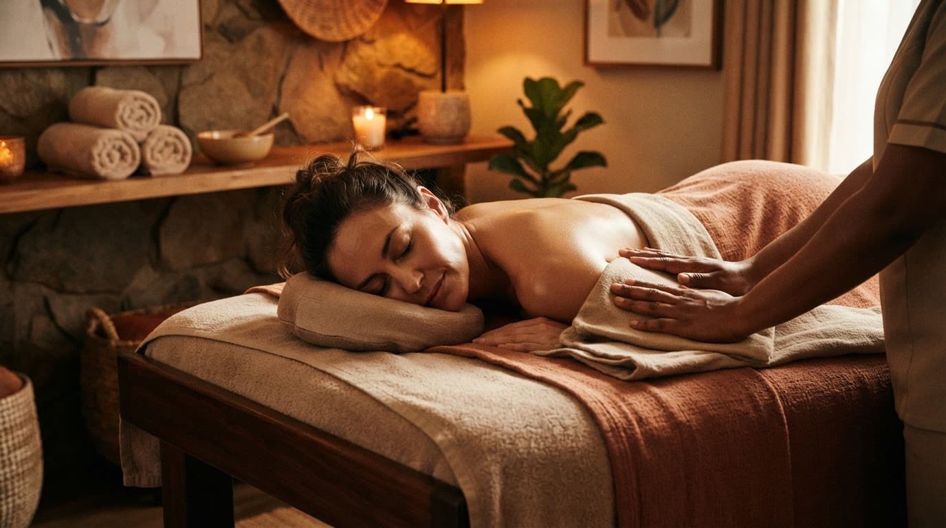 Client resting on a massage table with therapist hands near the shoulder.
