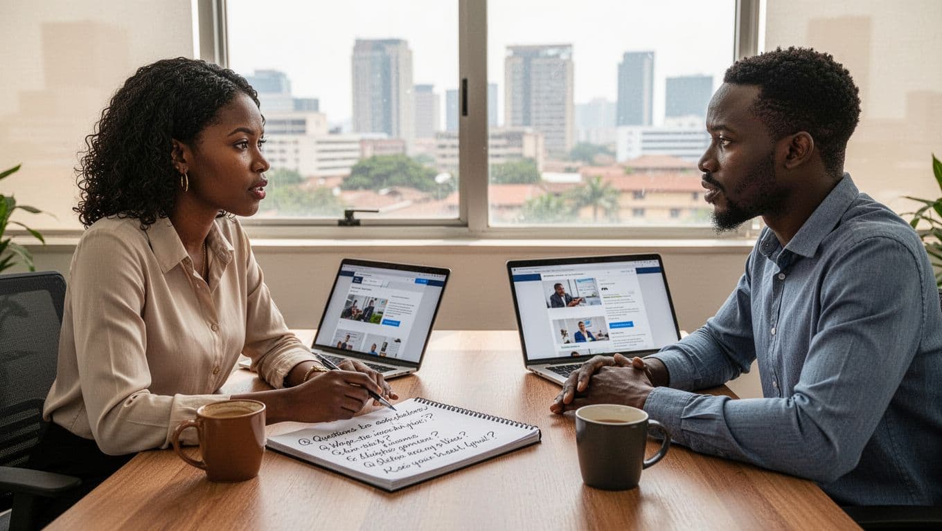 Business owner and web agency representative in focused discussion across table in bright Nairobi office, notepad with handwritten questions open, two laptops showing site previews at angle, coffee mugs, natural daylight with skyline view.