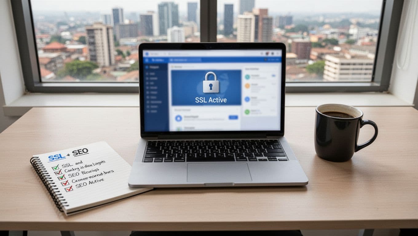 Clean modern desk in Nairobi web agency office with laptop showing blurred secure website dashboard featuring padlock icon, notepad with SSL and SEO checklists, coffee mug, and blurred Nairobi skyline in window background, captured in realistic flat lay photography from above with natural daylight.