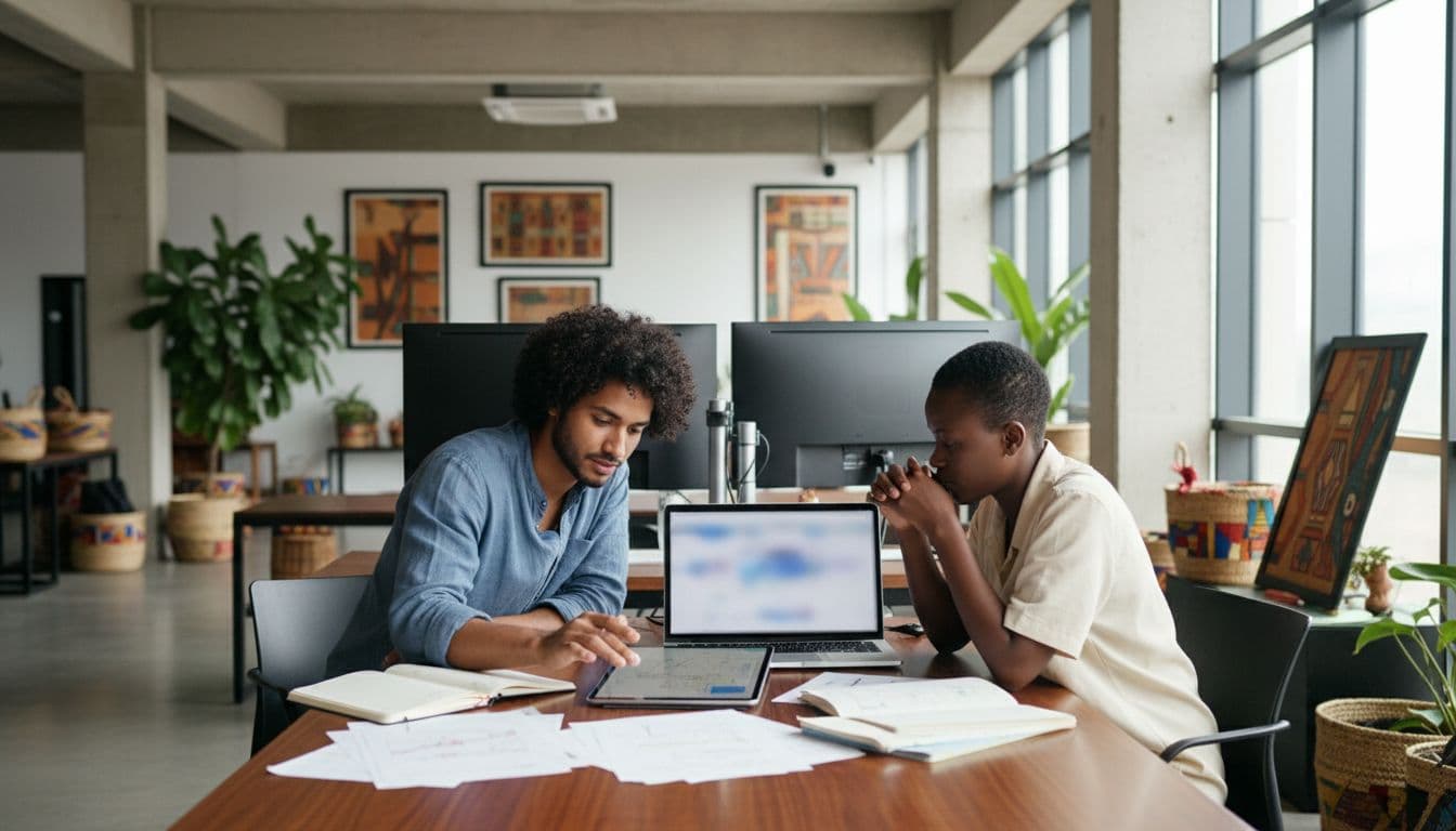 Two professionals in a modern Nairobi web agency office collaborate on domain and website project at a table with notes and angled screens, featuring Kenyan decor and bright daylight.