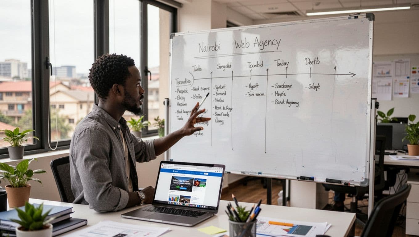 A professional in a modern Nairobi web agency discusses a website project timeline on a whiteboard in a collaborative office space, with a laptop open to a site preview and natural light from large windows.