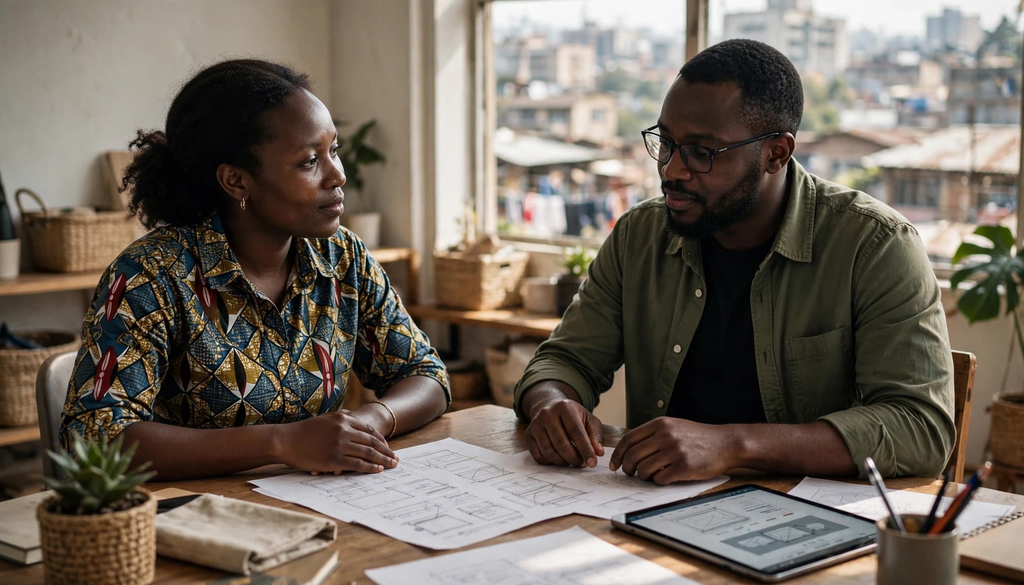 A Kenyan business owner and consultant review website sketches and a tablet by a window.