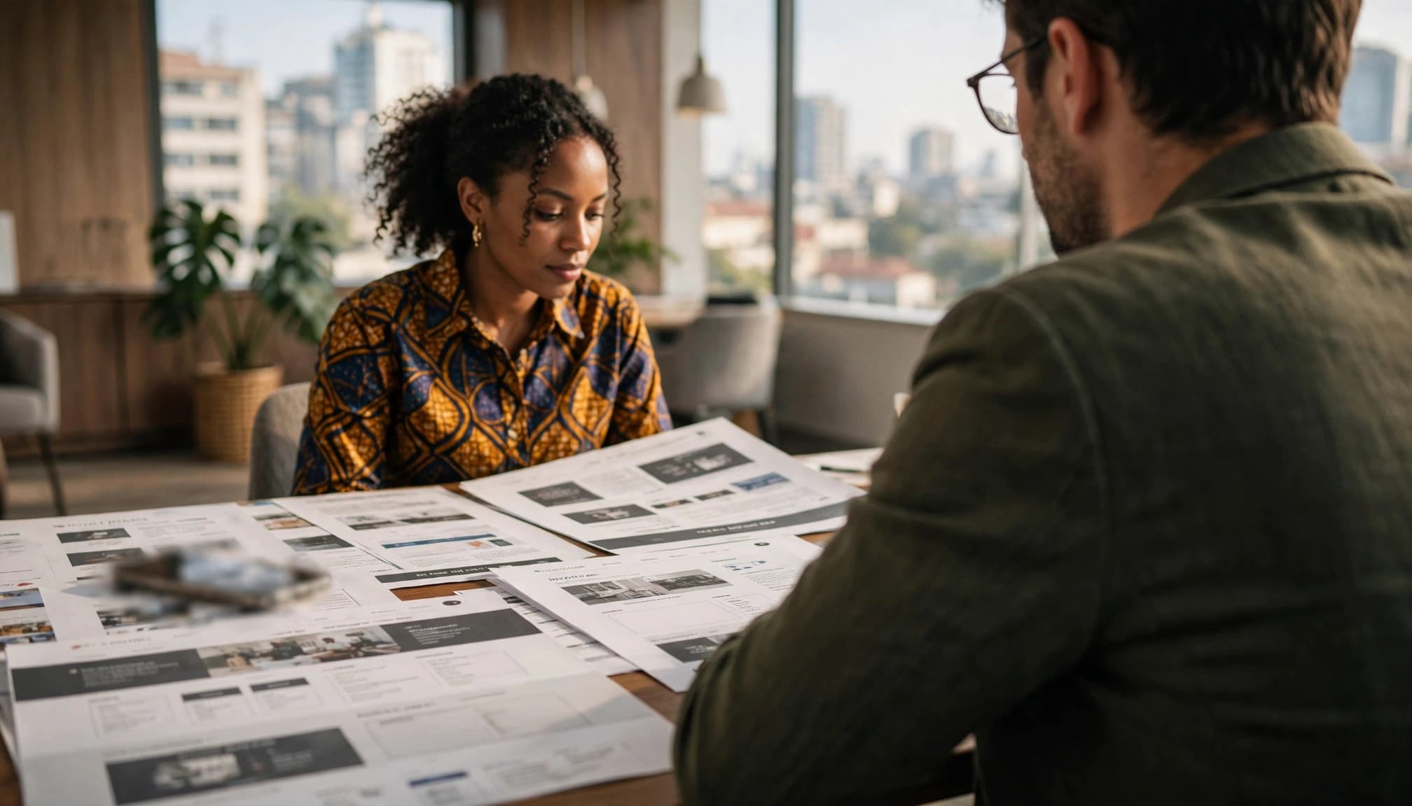 A business owner and consultant review printed website layouts beside a smartphone.
