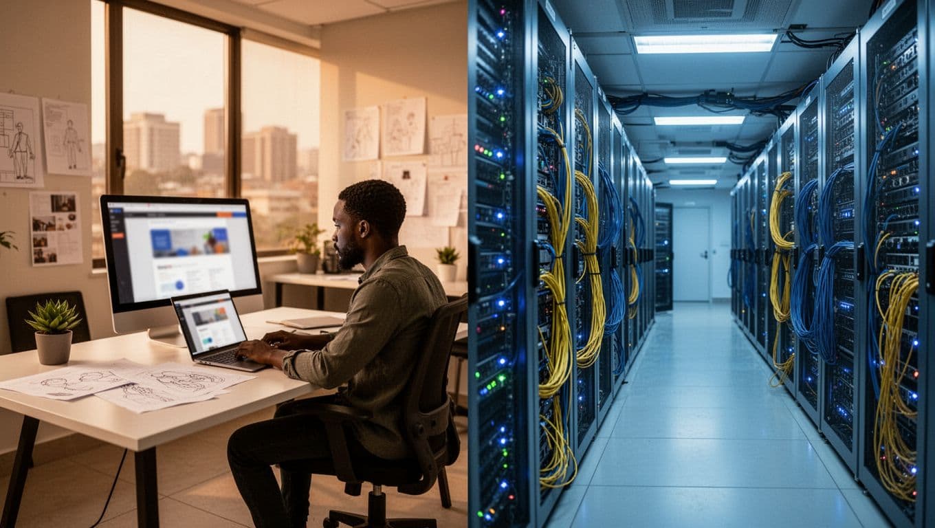 Balanced split-image contrasting a vibrant Nairobi web design studio with a single designer at work and a high-tech server room with illuminated racks, highlighting the divide between design agencies and hosting providers in Kenya.