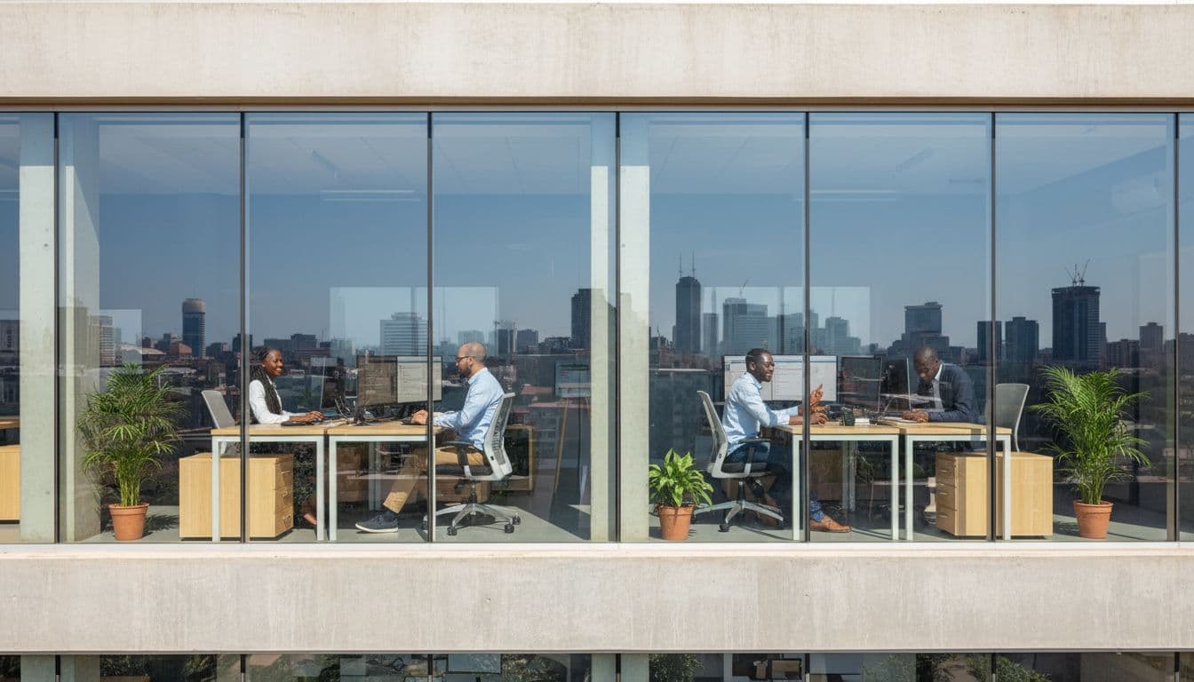Modern Nairobi office exterior with three web developers visible through windows working on computers, city skyline in background, daytime sunlight, professional vibe.