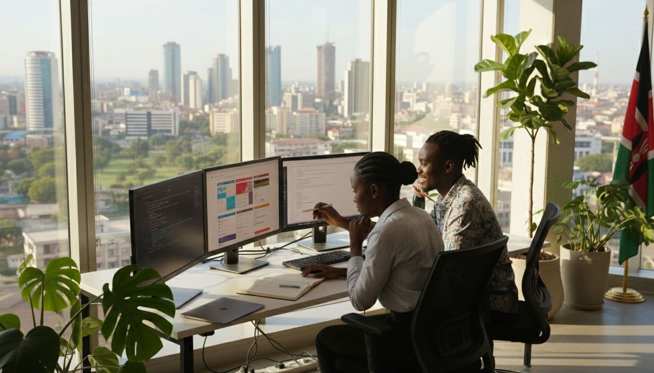 Two diverse Kenyan web developers collaborate at dual monitors displaying website wireframes and code in a modern open office with Nairobi skyline view, natural light, plants, and Kenyan flag.