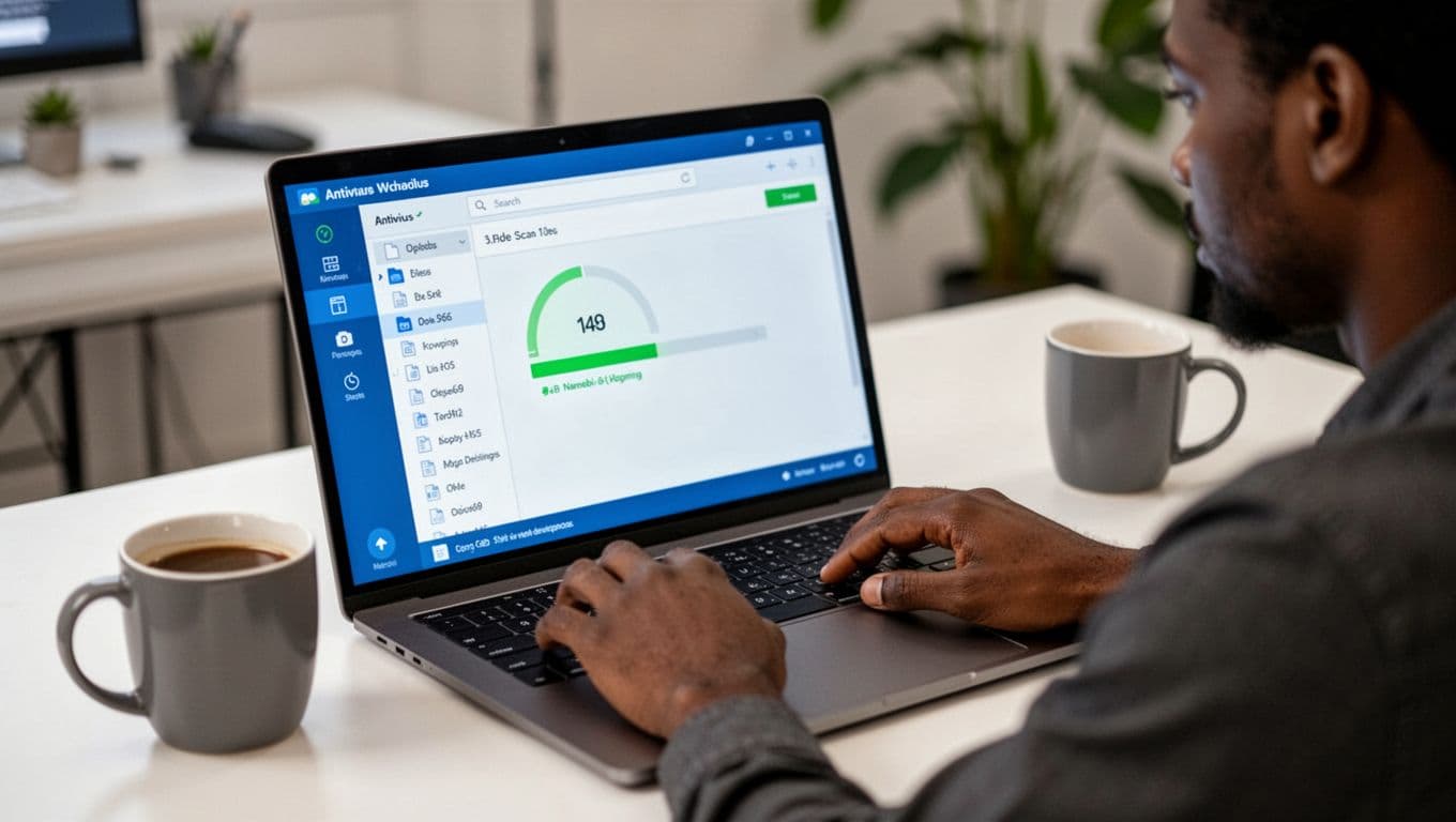 A Nairobi web developer intently scans files on a laptop using antivirus software, focused on the scan progress screen in a modern workspace with a coffee mug.