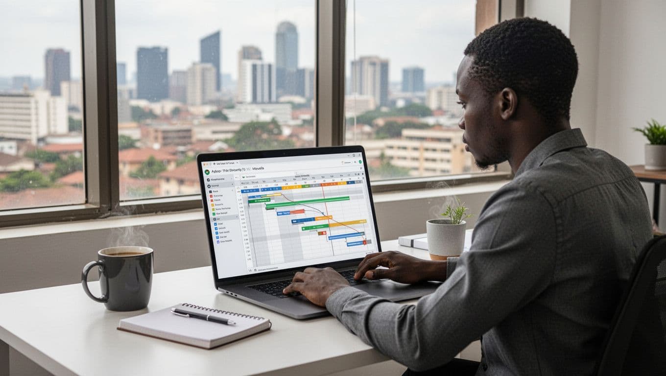 Modern web developer in clean Nairobi office reviews website project timeline on laptop showing Gantt chart, with subtle Kenyan skyline, coffee mug, and notepad on desk.