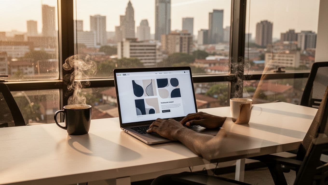 Modern Nairobi office workspace with a developer focused on a laptop showing a website wireframe, coffee mug nearby, and city skyline through the window in warm afternoon light.