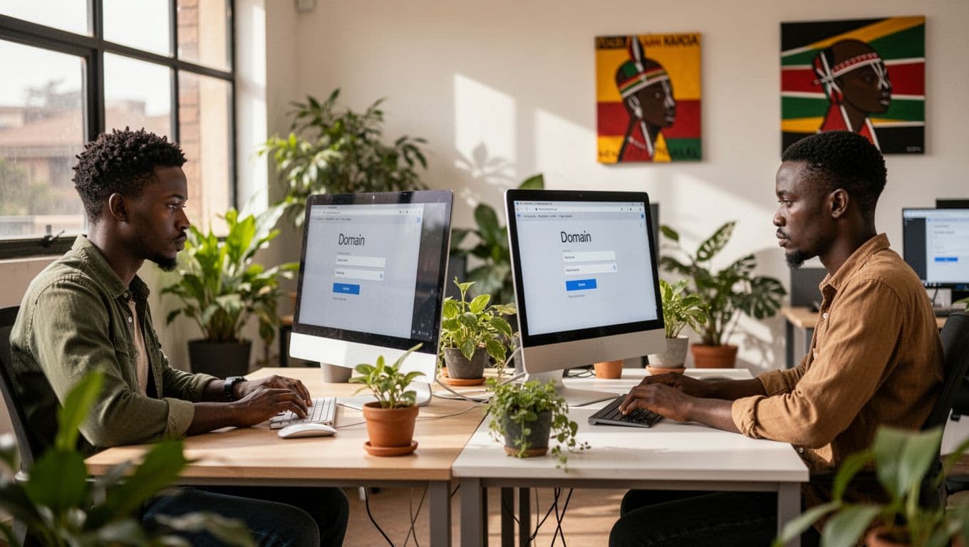 Team of web developers in a modern Nairobi office collaborating on a website project with blurred domain setup on monitors, featuring plants and Kenyan art in bright daylight.
