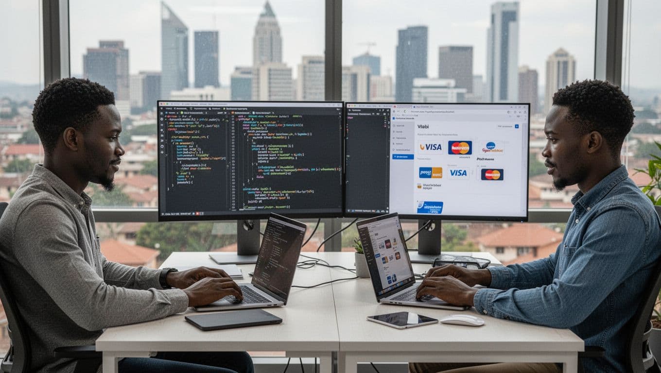 Two developers in a modern Nairobi office collaborate on ecommerce website code, with payment integration visible on screens and Nairobi skyline through the window.
