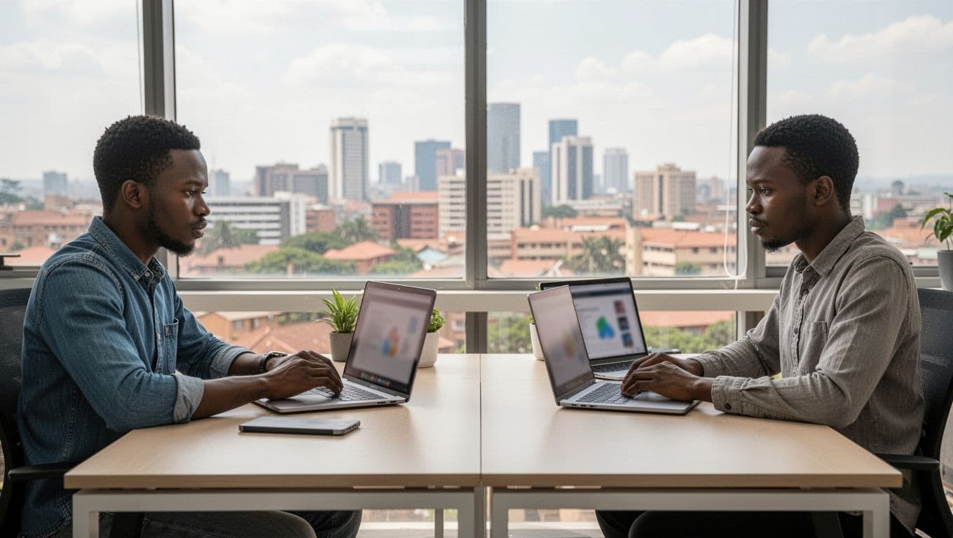 Bright modern office in Nairobi featuring exactly two web developers seated at desks facing each other, laptops with blurred screens, and Nairobi skyline through a large window, in a professional yet relaxed atmosphere with natural daylight.