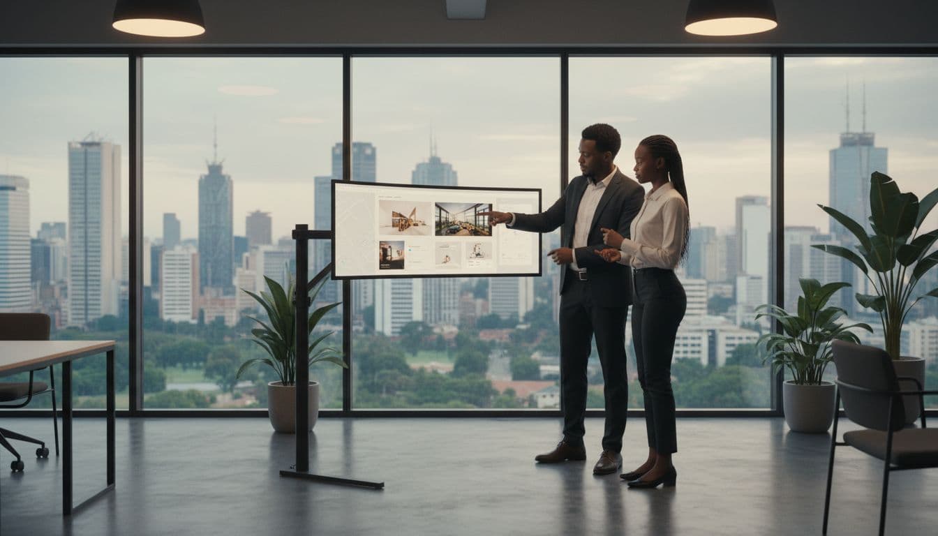 Professional team of two diverse Kenyan website developers in a modern Nairobi office collaborating on a small business real estate site mockup displayed on a large screen, with city skyline view and soft office lighting.