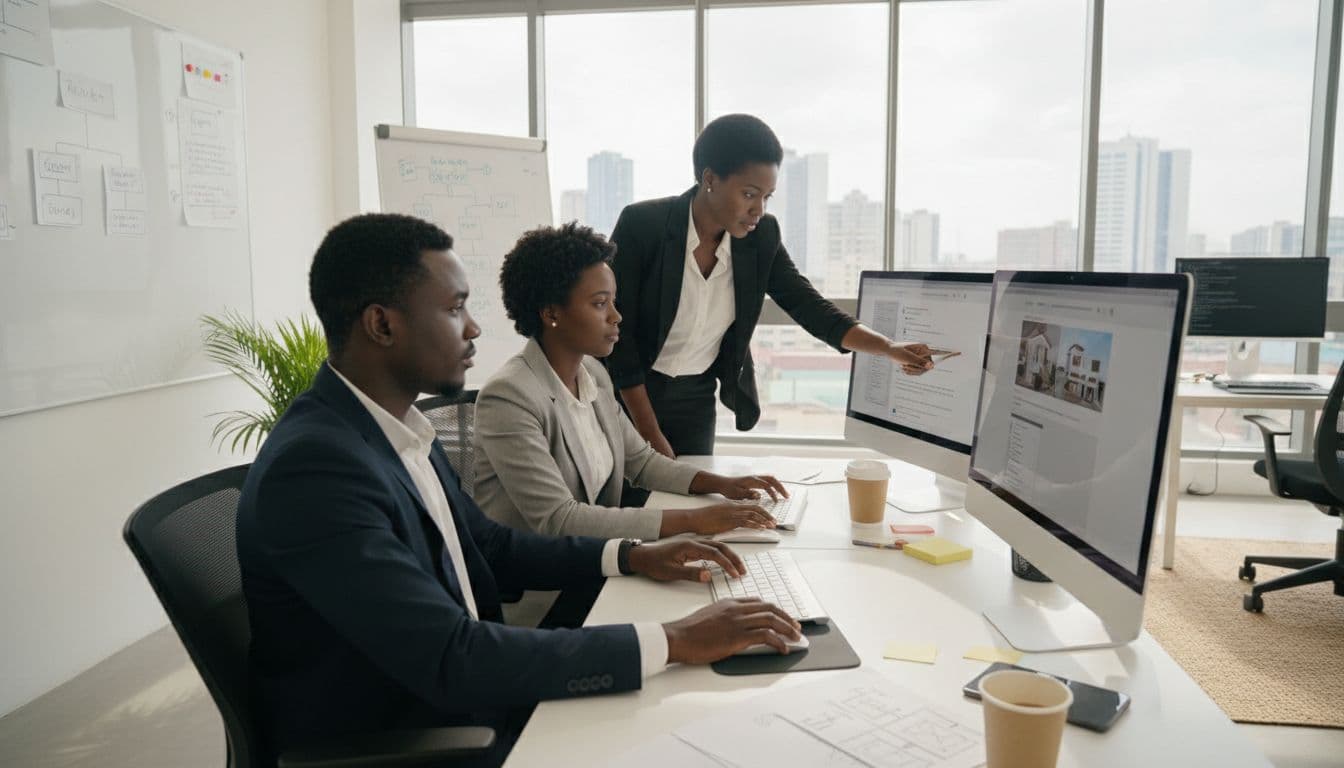 Diverse team of three website developers in a Nairobi office collaborating on a modern real estate business site, with computers, sketches, hands on keyboards, and bright natural lighting in professional realistic photo style.