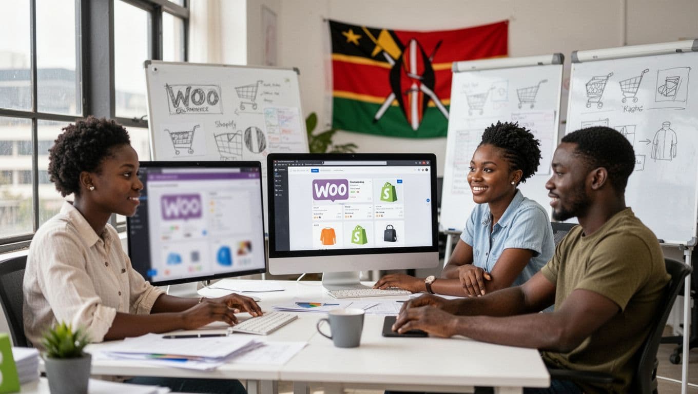 Team of three Nairobi website developers in a bright modern office collaborating on an e-commerce project, with blurred WooCommerce and Shopify interfaces on screens, sketches on whiteboards, and subtle Kenyan flag in background.