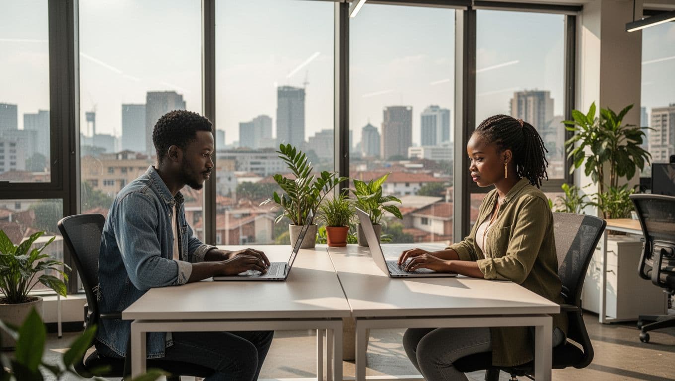 Modern open-plan office in Nairobi, Kenya, with two diverse Kenyan professionals (one man, one woman) collaborating on a healthcare clinic website at adjacent desks with laptops, city skyline through large windows, natural sunlight, plants, professional casual attire.