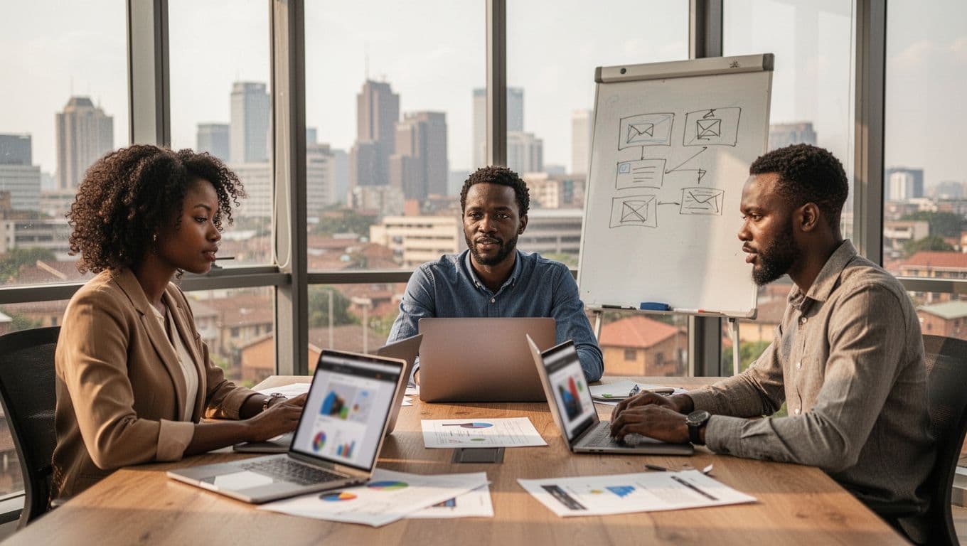 A diverse team of three web developers (one woman, two men) collaborating around laptops in a bright modern Nairobi office with city skyline view and whiteboard sketch.
