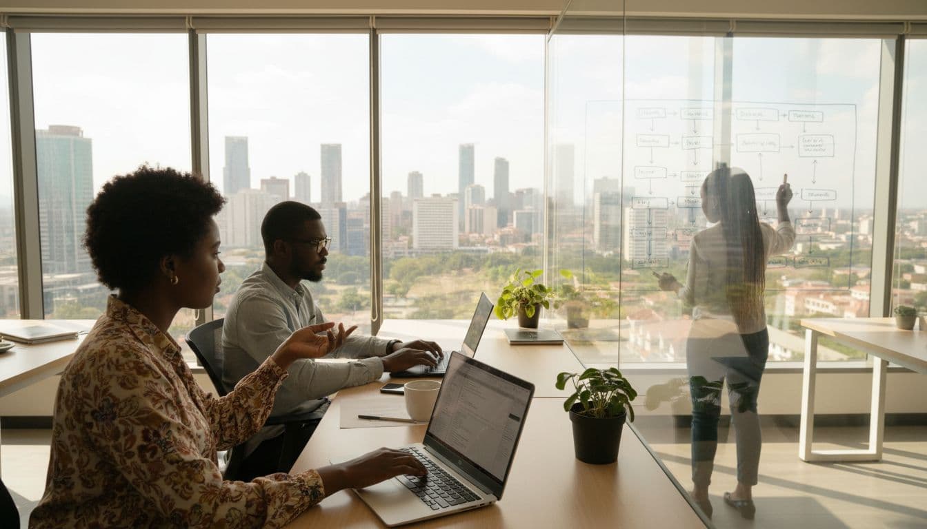 Team of three website developers in a modern Nairobi office working collaboratively on a business site, with laptops open to code editors, whiteboard site map, city view, and natural daylight.