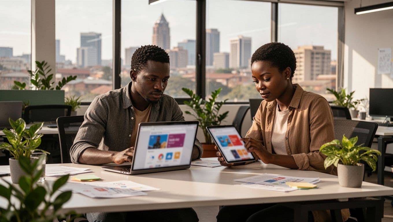 Two diverse Kenyan professionals in a modern co-working space in Nairobi Kenya collaborate on web development and Google Ads, using a laptop with blurred website preview and tablet with blurred ad graphs, city skyline view.