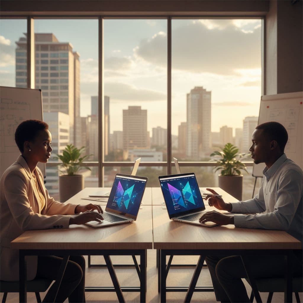 Two professionals in a modern Nairobi office collaborate at desks with laptops showing abstract website interfaces, Kenyan skyline visible through the window in afternoon light.