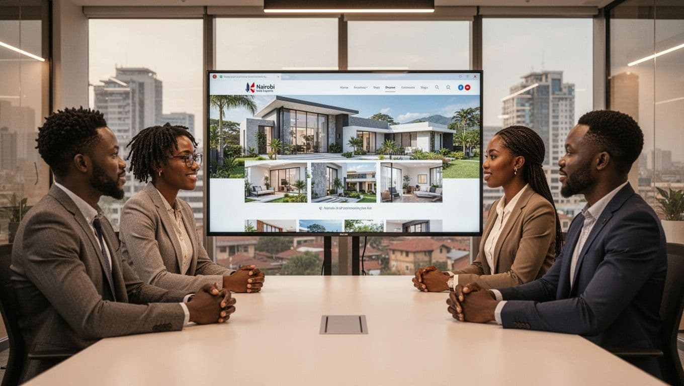 Modern Nairobi office interior featuring a diverse team of three Kenyan professionals collaborating around a large screen displaying a custom real estate website mockup, with cityscape views and warm lighting.