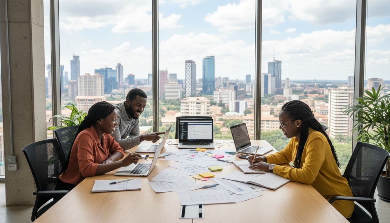 Diverse Kenyan web designers team of two women and one man collaborating around a conference table with sketches and laptops against a Nairobi skyline background in natural office lighting.