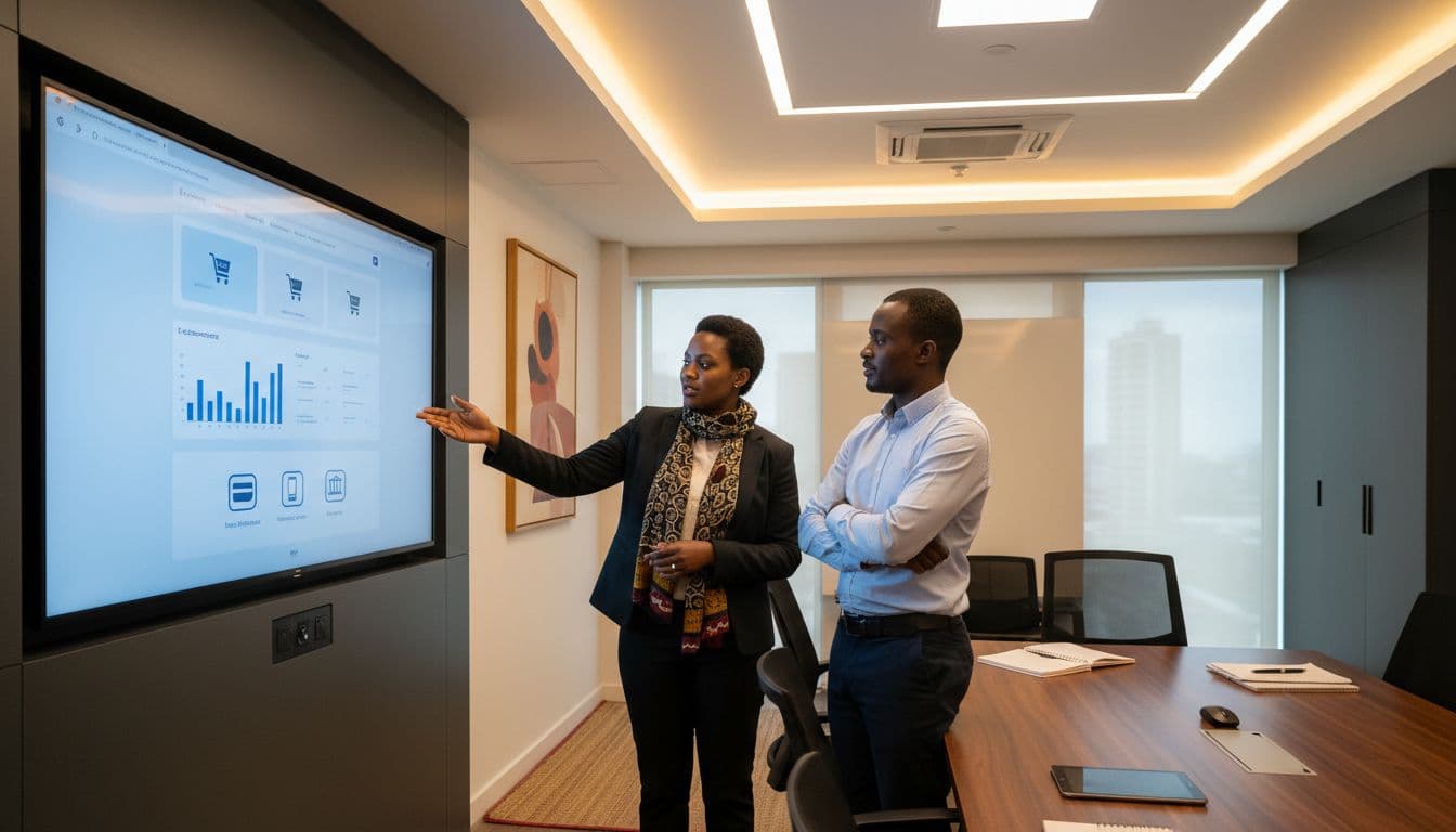 Two professionals at Nairobi Web Experts office discuss an e-commerce dashboard and payment icons on a large screen in a modern Kenyan-decor conference room with soft lighting.