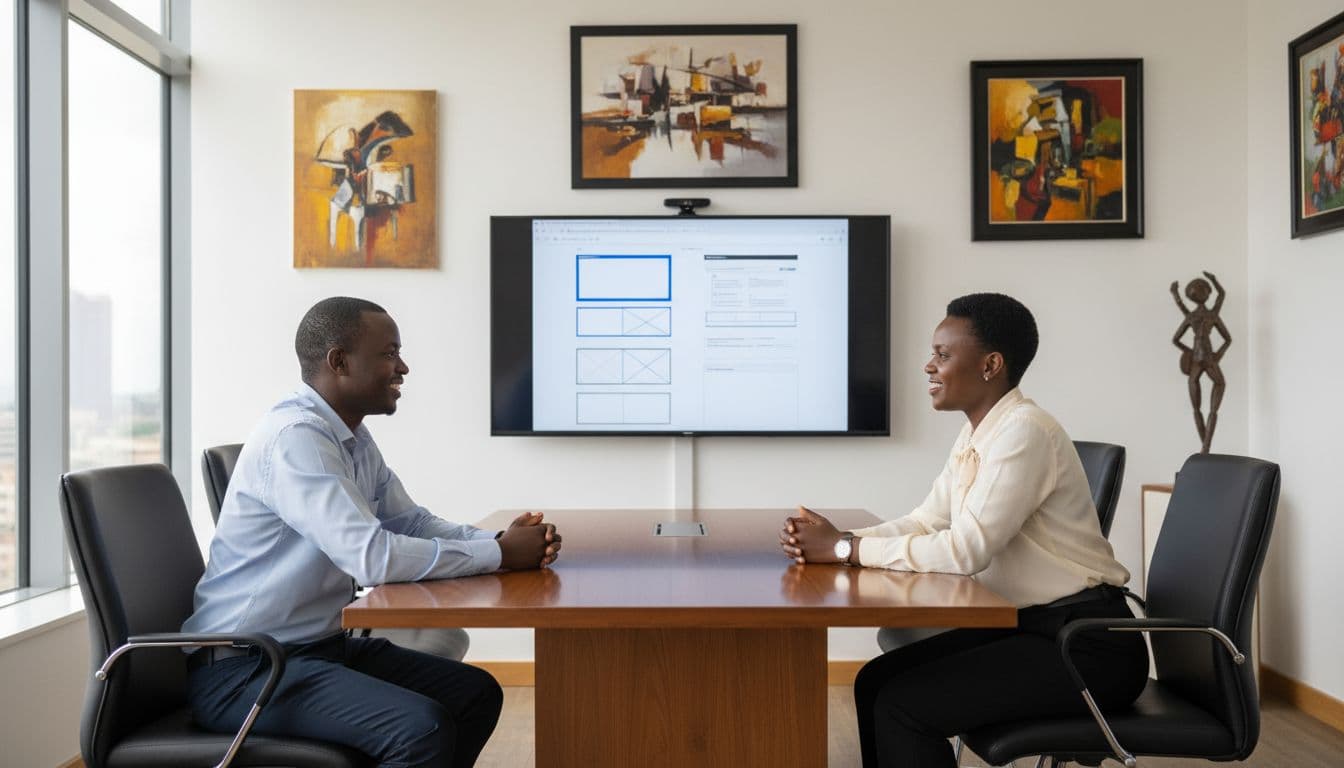 A professional man and woman in business casual discuss website wireframes on a large screen in a modern Nairobi office conference room with Kenyan art on walls and natural window light.