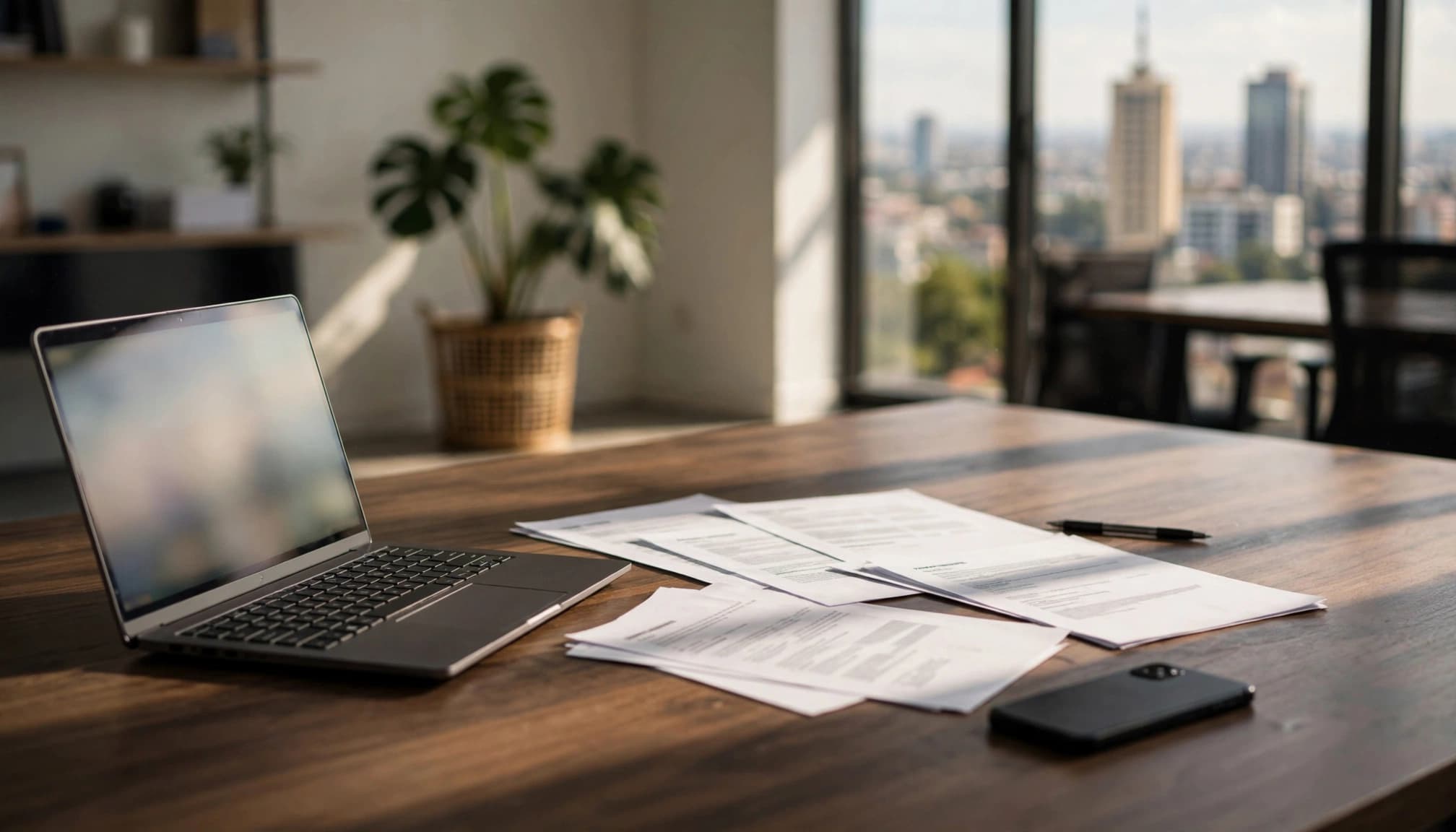 A laptop, phone, and printed pages rest on a conference table overlooking Nairobi.