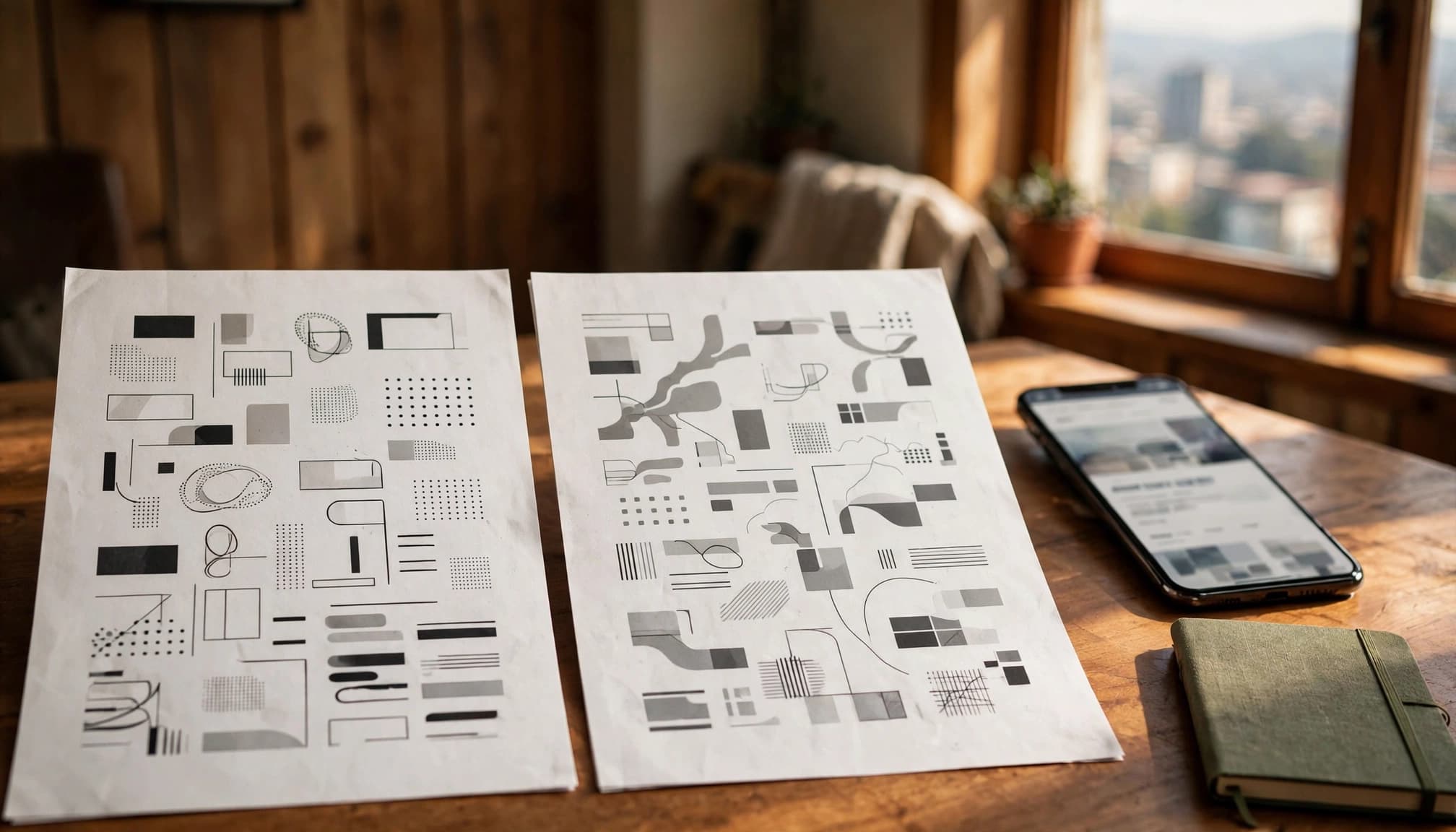 Two proposal pages sit beside a smartphone and notebook in a warm meeting room.