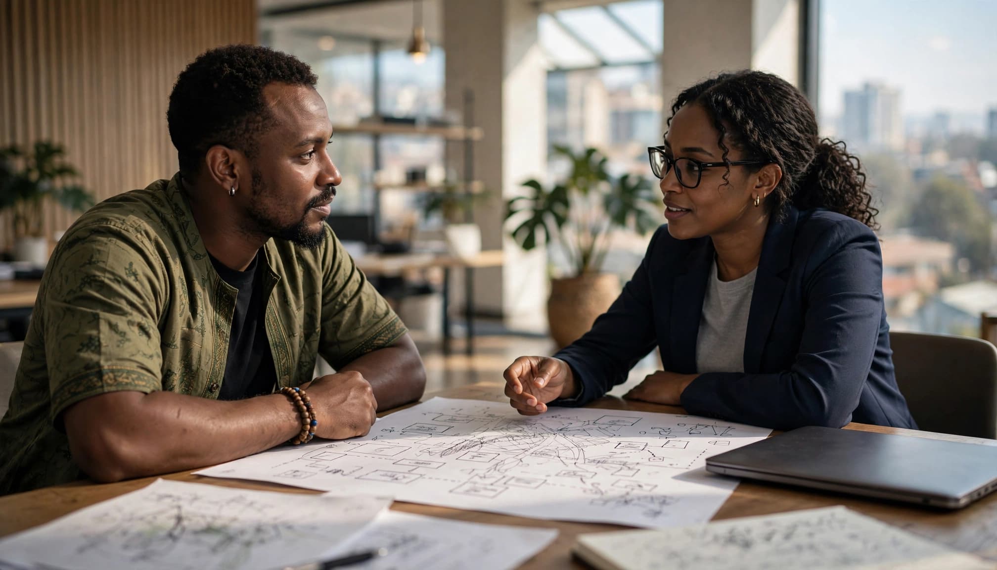 Two people discuss a website plan across a table in a bright Nairobi office.