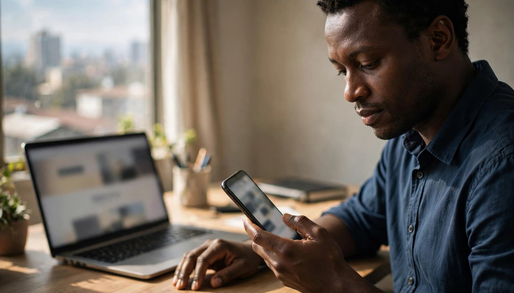 A business owner compares a website on a phone and laptop in a Nairobi office.