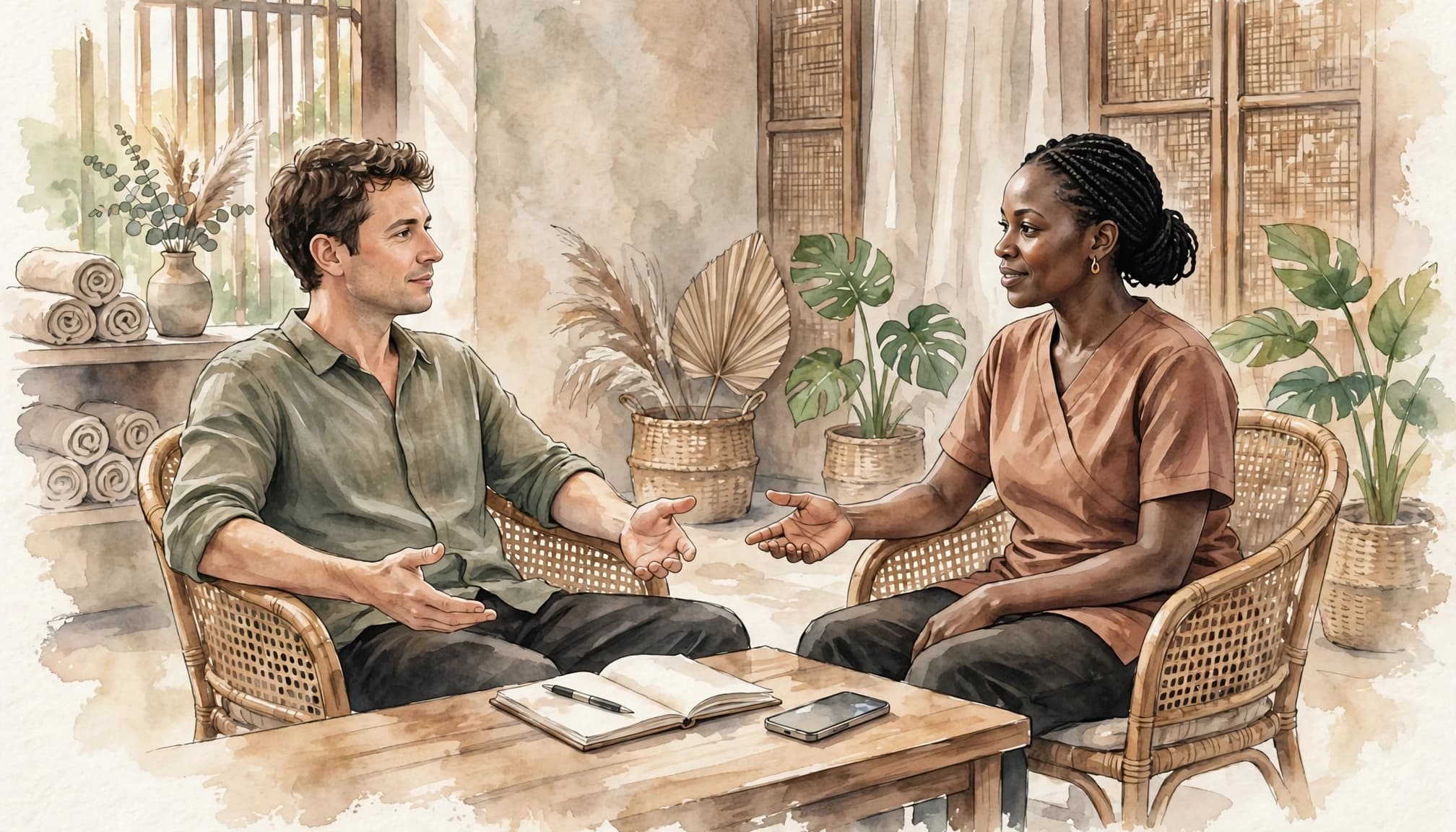 Erotic Massage Parlours in Nairobi: A Safe Booking Guide Two adults discuss a massage appointment across a table in a calm wellness reception.