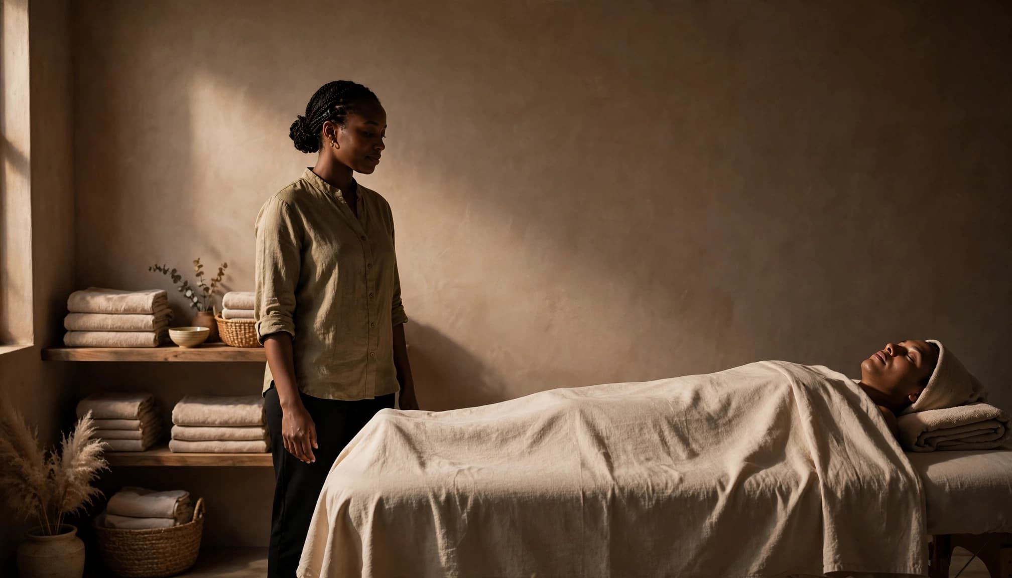 A covered client rests on a massage table as a therapist stands nearby in a warm spa room.