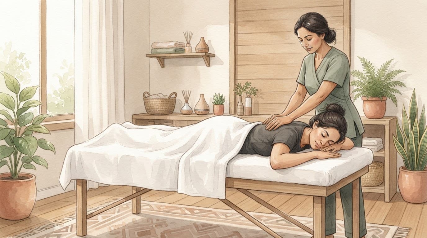 Female Escorts Westlands: Verify Listings Safely 2 A therapist gives a clothed woman a massage in a calm spa room.